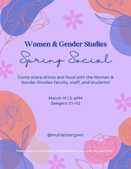 Floral image showing date time and location of spring social taking place on March 19 @ 5PM in Seegers 111-112